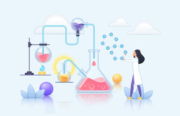 Poster - Chemistry laboratory research and science innovation. Tiny scientist working with scientific equipment, lab test tubes with liquid flat vector illustration. Chemical analysis, experiment concept