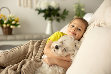 Sticker - Cute little preschool boy with his pet dog, playing together in bed