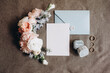 flat lay layout of wedding details top view