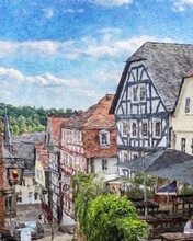 Colorful Painting Modern Artistic Artwork, Real Brush Strokes, Drawing In Oil European Famous Old Street View, Beautiful Old Vintage Houses, Design Print For Canvas Or Paper Poster, Touristic Product