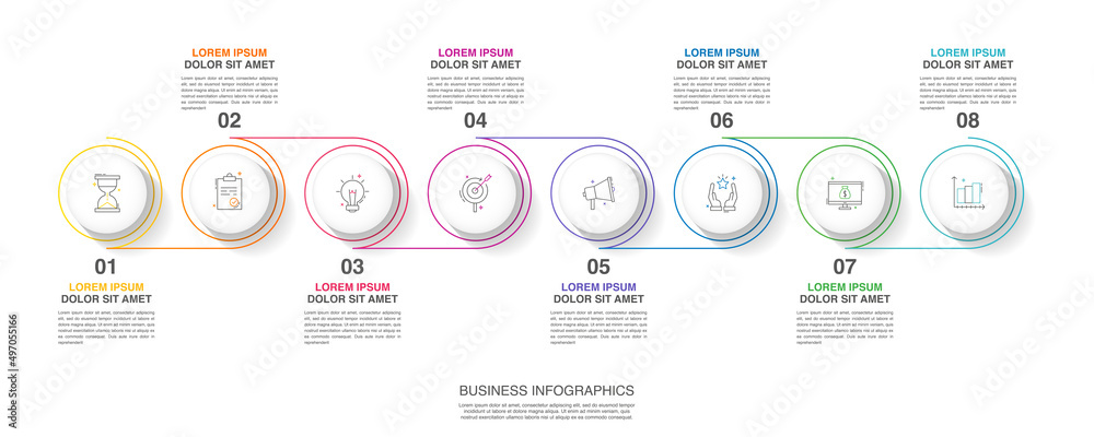 Vector line infographics with 8 circles. Business concept graphic ...