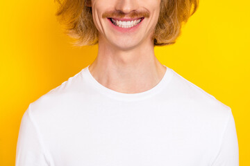 Poster - Cropped photo of cheerful funky guy dressed white shirt smiling isolated yellow color background