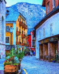 Wall Mural - Colorful painting modern artistic artwork, real brush strokes, drawing in oil European famous old street view, beautiful old vintage houses, design print for canvas or paper poster, touristic product