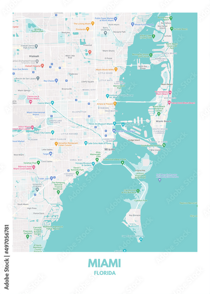 Poster Miami - Florida map. Road map. Illustration of Miami - Florida ...