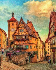 Wall Mural - Colorful painting modern artistic artwork, real brush strokes, drawing in oil European famous old street view, beautiful old vintage houses, design print for canvas or paper poster, touristic product