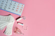 Menstrual calendar, sanitary pad, tampons and napkin. Control of the regular cycle in women.