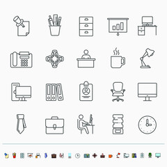Wall Mural - Set of vector linear and colored icons. Office. Office equipment. Team.