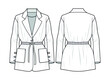 Women Lapel Neck Drawstring Waist Blazer, Gathered Waist Blazer Front and Back View fashion illustration vector, CAD, technical drawing, flat drawing.