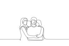 Whole Family Hugging - One Line Drawing Vector. Concept Of Family Ties, Living Grief With Whole Family, Hugging Father With Whole Family
