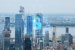 Aerial panoramic city view of West Side Manhattan and Hudson Yards district at day time, NYC, USA. The concept of cyber security to protect confidential information, padlock hologram