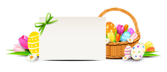 Wall Mural - Colorful easter basket with painted easter eggs, tulip flowers and greeting card 