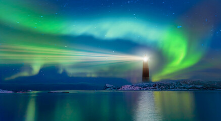 Wall Mural - northern lights (aurora borealis) over lighthouse seaside in winter
