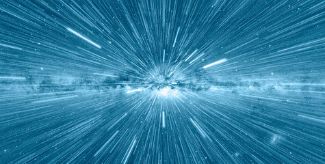 Poster - Hyperspace jump milky way galaxy in the background - Space Travelling in the Speed of Light - Abstract light with fibre-optic. 