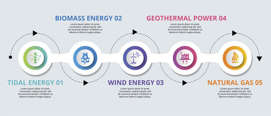 Wall Mural - Infographic Alternative Energy template. Icons in different colors. Include Tidal Energy, Biomass Energy, Wind Energy, Geothermal Power and others.