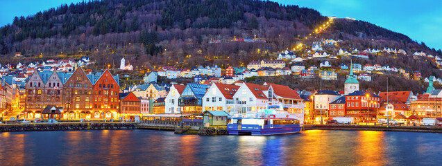 Wall Mural - Historic Bryggen area panorama in Bergen at dusk, Norway