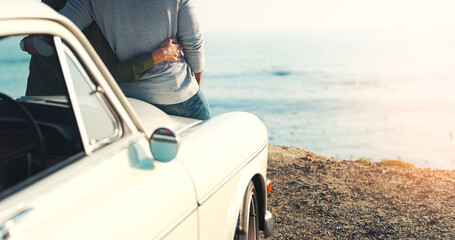 Aufkleber - Intimacy by the seaside. Rearview shot of an unrecognizable young couple making a stop at the beach while out on a road trip.
