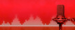 © OneClic - Studio podcast microphone or radio broadcast microphone on red background with audio waveform and copy space for website header