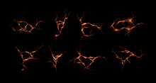 Ground Cracks With Orange Lava Light Inside. Vector Realistic Set Of Volcano Magma, Thunderbolt, Flaming Cracks In The Ground, Neon Fissure, Earthquake. Top View. Land Destruction Texture.