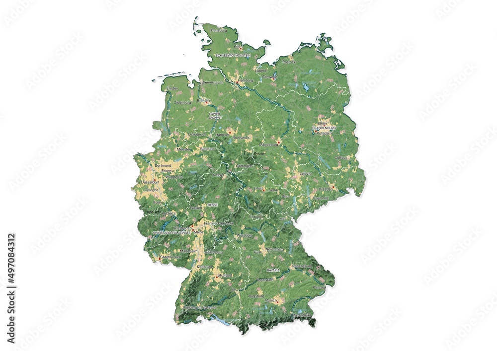 Isolated map of Germany with capital, national borders, important cities, rivers,lakes. Detailed map of Germany suitable for large size prints and digital editing.