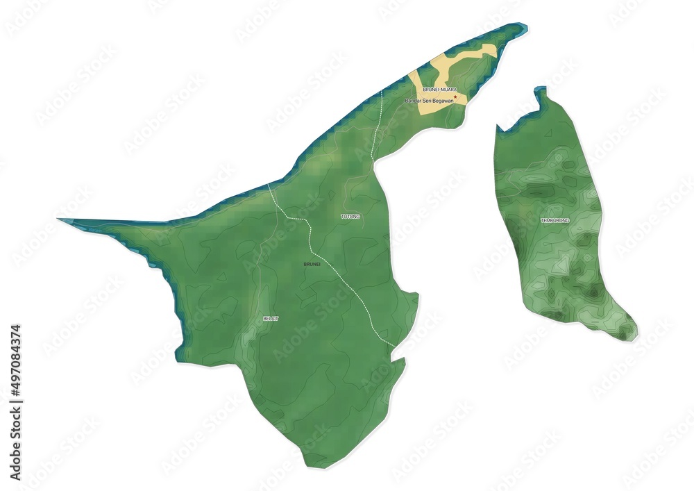 Isolated map of Brunei with capital, national borders, important cities, rivers,lakes. Detailed map of Brunei suitable for large size prints and digital editing.