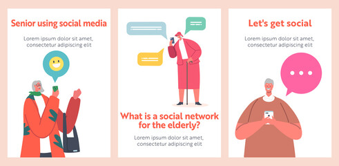 Wall Mural - Elderly People Communicate in Social Media Networks Banners. Senior Male Female Characters with Mobile Phones Browsing