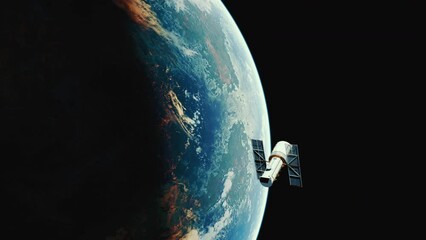 Wall Mural - Hubble Space Telescope Floating Above Earth. Beautiful photorealistic render. Elevated Wide Shot Render 4K.