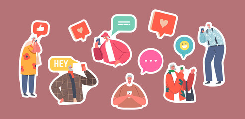 Poster - set of stickers elderly people communicate in social networks. senior male and female characters wit