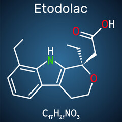 Poster - Etodolac molecule. It is nonsteroidal anti-inflammatory drug NSAID with analgesic and antipyretic properties. Structural chemical formula on the dark blue background