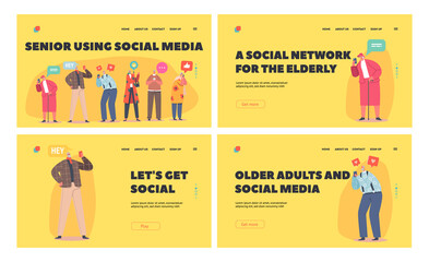 Wall Mural - Seniors Use Social Media Landing Page Template Set. Elderly People Communicate in Network. Characters with Mobile Phones