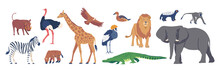 African Animals And Birds, Savannah Crowned Crane, Zebra, Lion And Boar, Giraffe, Duck, Honey Badger, Ostrich And Hyena