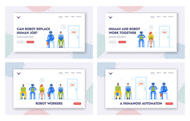 Poster - robots workers landing page template set. human and droids waiting in lobby sit on chairs. character