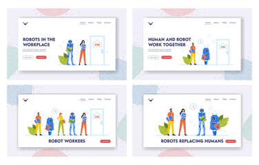 Poster - cyborg vs people workers landing page template set. robots and human stand in queue waiting intervie
