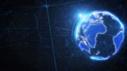 Aufkleber - Technology Digital 3D Rendering Blue Earth Rotation Concept with Connection Line Number Data Network Simulation Illustration Background. Futuristic Scientific Global Communication Infographic.