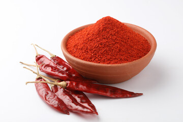 Indian spice Red chilli powder in white ceramic bowl