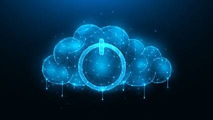 Wall Mural - Polygonal vector illustration of a cloud with a power symbol on a dark blue background. The concept of cloud computing and data storage.