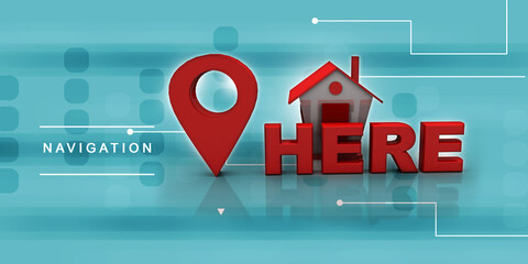 Poster - 3d illustration Search for Property. A Map with Large Red GPS Pointer containing home