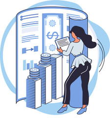 Poster - Financial analysis concept effective management of funds other assets of company. Consultant expert marketer or analyst studying diagrams, charts financial reports. Accounting organization process