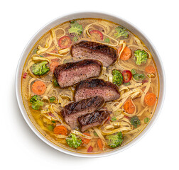 Wall Mural - Fettuccine noodles with grilled beef isolated on white, top view