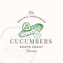 Wall Mural - cucumbers badge logo template. hand drawn vegetable sketch with retro typography. premium plant base
