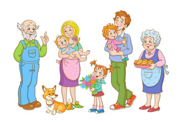 Poster - Big friendly family. Parents, grandparents, three happy children of different ages and a favorite dog. In cartoon style. Isolated on white background. Vector illustration