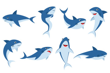 Wall Mural - Cute sharks in different poses cartoon illustration set. Baby underwater animal laughing, sleeping, swimming, smiling, being sad, scared and angry on white background. Marine animal, fish concept