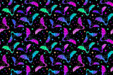 raster seamless illustration with colorful bats