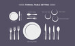 Table setting, top view. Proper formal place setting guide. Dinner flatware. Plan for cutlery on table. Etiquette. Plate, fork, spoon, knife, wine glass. Utensils. Color flat vector illustration. Isol