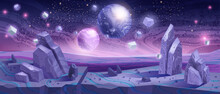 Space Background, Alien Planet Landscape, Vector Cartoon Fantasy Game Banner, Cosmic Purple Rocks. Neon Futuristic Cosmos Illustration, Fantastic Stone Surface, Night Sky Stars. Space Background