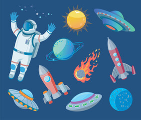 astronaut and space objects cartoon illustration set. spaceship, spaceman, asteroids, rocket, alien,