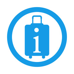 Sticker - Logo suitcase. Icono plano con silueta de maleta con ruedas con letra i en círculo color azul