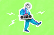 canvas print picture - Illustration of male dude walking dancer hold boom box player retro chill have disco ball on head silhouette painted white color green background