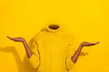 Conceptual Photo Image Headless Girl Portrait Raise Two Arms Demonstrating Novelty Promotion No Emotions Just Business Isolated On Yellow Background