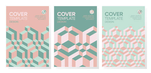 Wall Mural - Set of trendy abstract isometric 3d optical illusion geometric shapes cover design. 