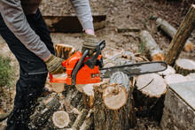 A Lumberjack, A Strong Man, A Professional Saws Logs Holding A Red Expensive Chainsaw In His Hand, Trees At A Workplace In The Forest.